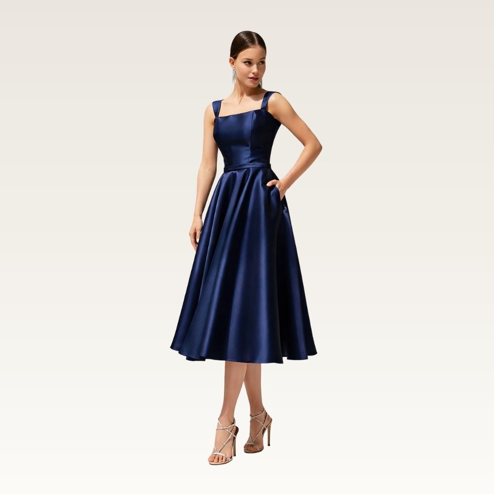 Square Neck Satin Midi Dress