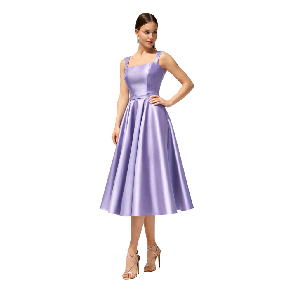 Square Neck Satin Midi Dress