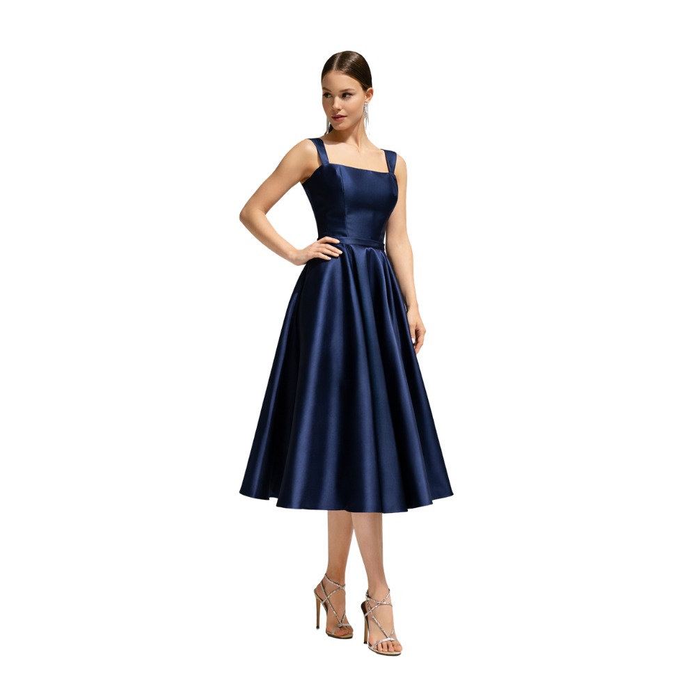 Square Neck Satin Midi Dress