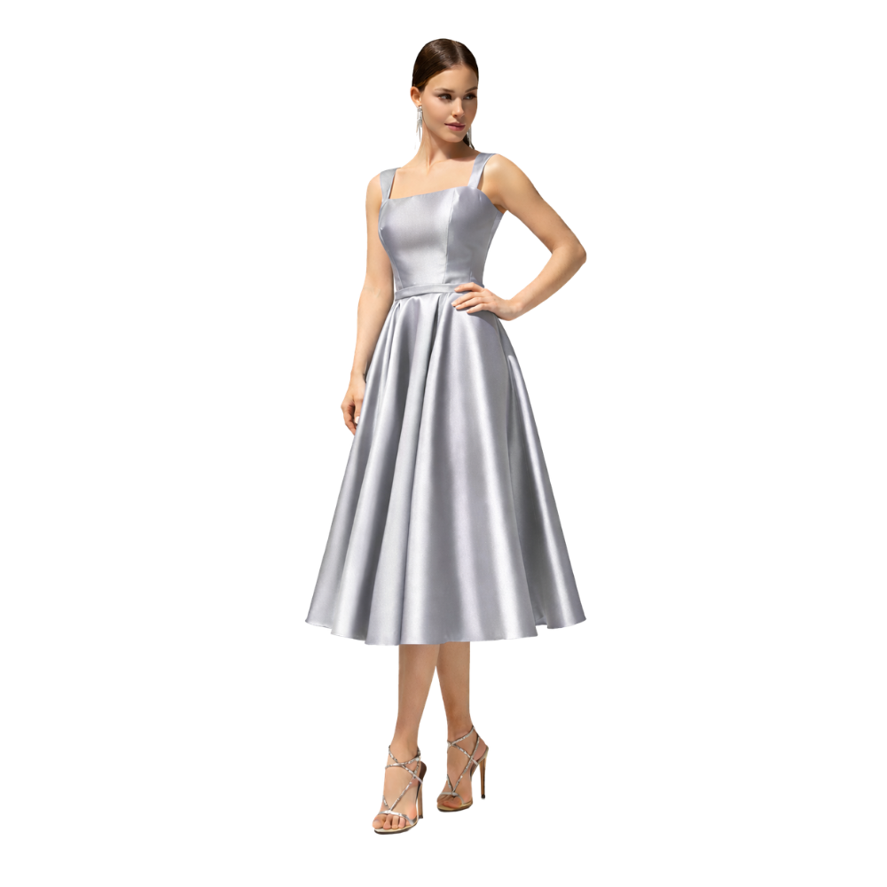 Square Neck Satin Midi Dress
