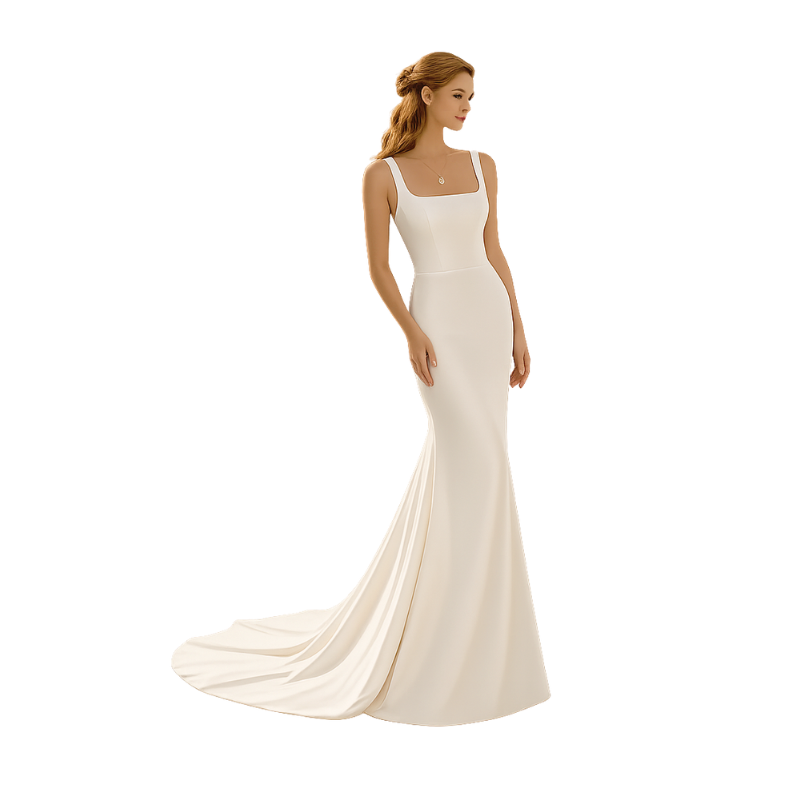 Square Neck Structured Satin Gown in ivory