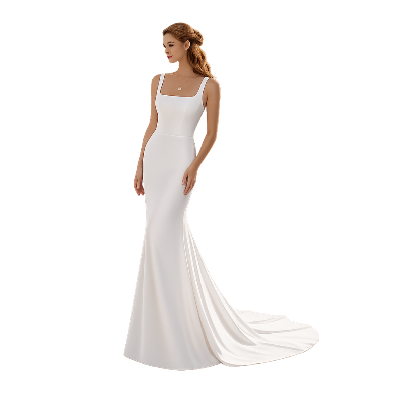 Square Neck Structured Satin Gown- in white
