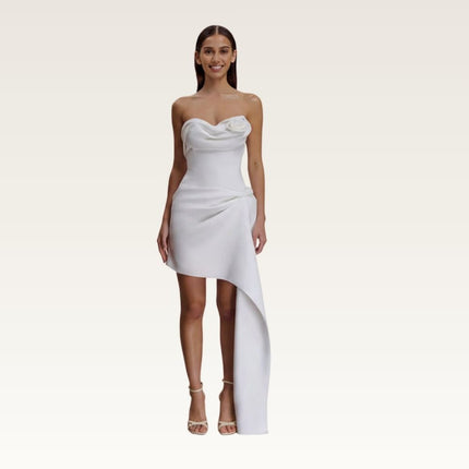 Strapless Asymmetrical Satin Mini Dress