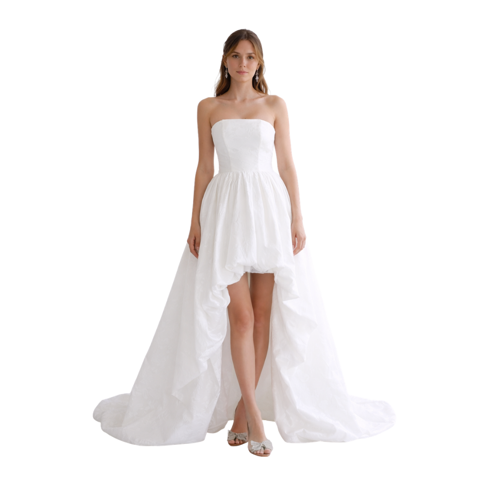 Strapless High-Low Satin Gown White
