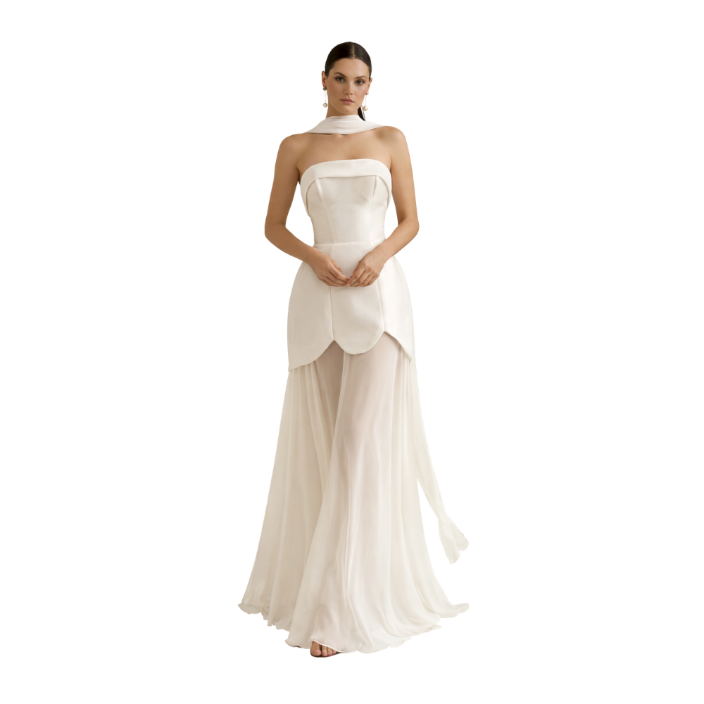 Strapless Satin Overlay Maxi Dress Ivory