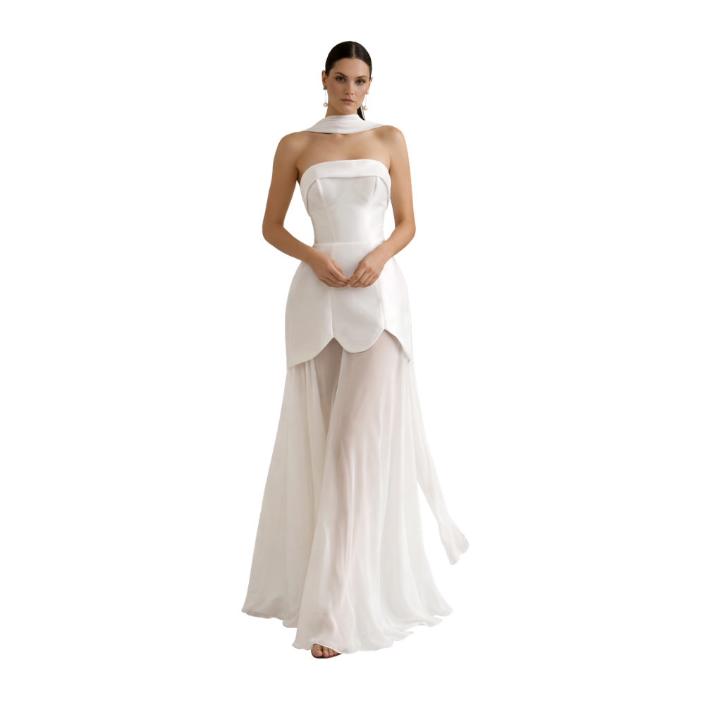 Strapless Satin Overlay Maxi Dress White