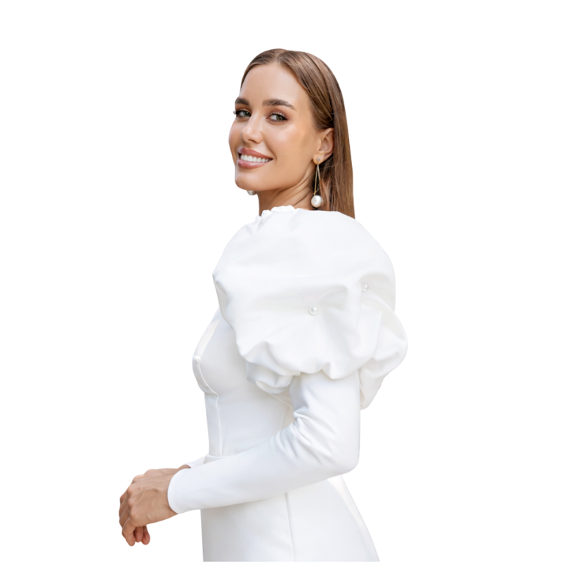 Structured Puff Sleeve Sheath Dress-White