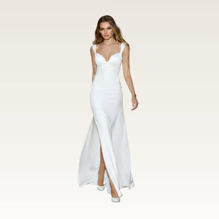 Structured V-Neck Satin Column Dress